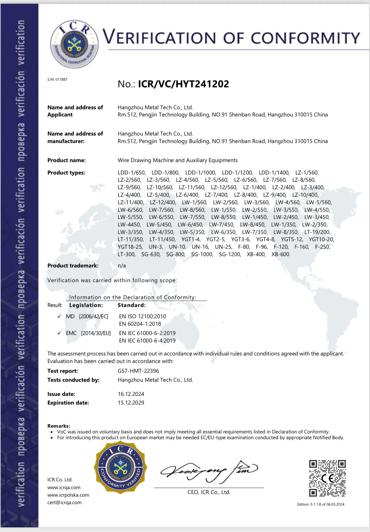 CE Certifacation of our Wire Drawing Machine